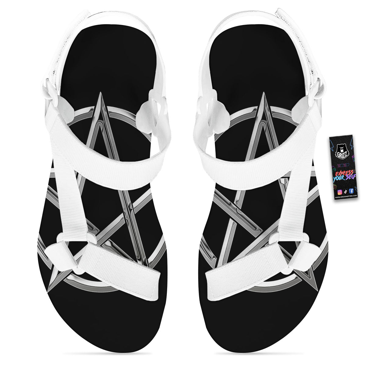 Pentagram Symbol White And Black Print White Open Toe Sandals-grizzshop
