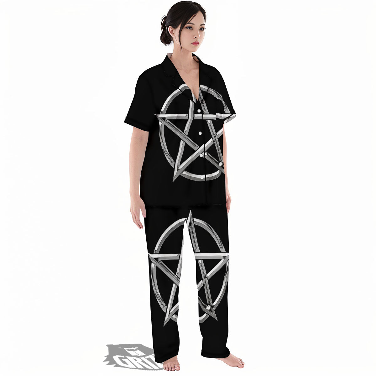 Pentagram Symbol White And Black Print Women's Pajamas Set-grizzshop