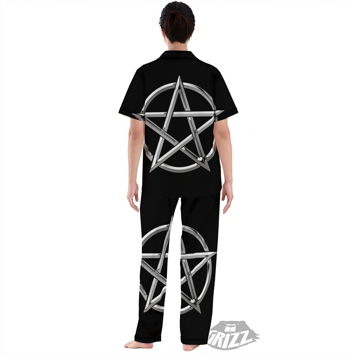 Pentagram Symbol White And Black Print Women's Pajamas Set-grizzshop