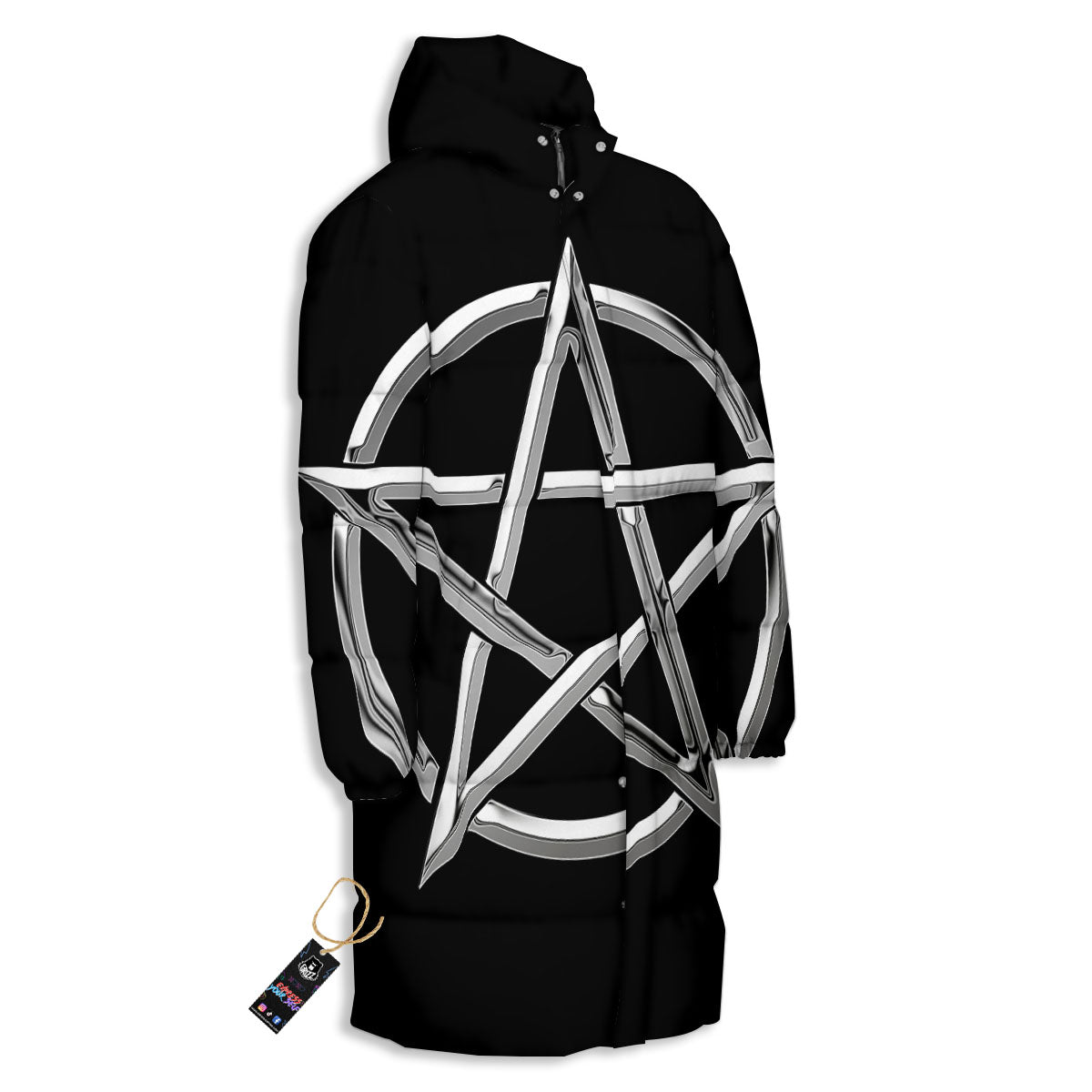 Pentagram Symbol White And Black Print Long Down Jacket
