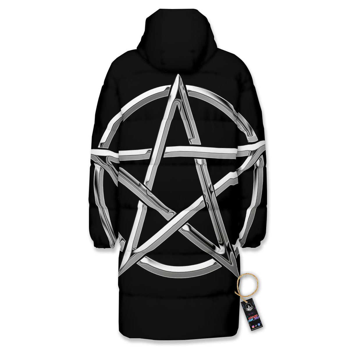 Pentagram Symbol White And Black Print Long Down Jacket