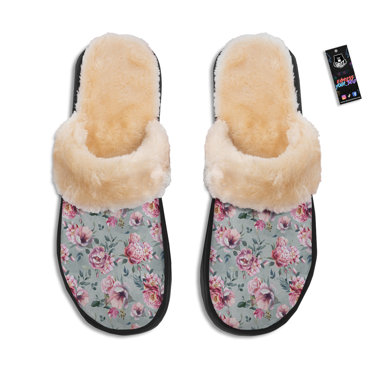 Peony Floral Pink Vintage Print Pattern Slippers-grizzshop