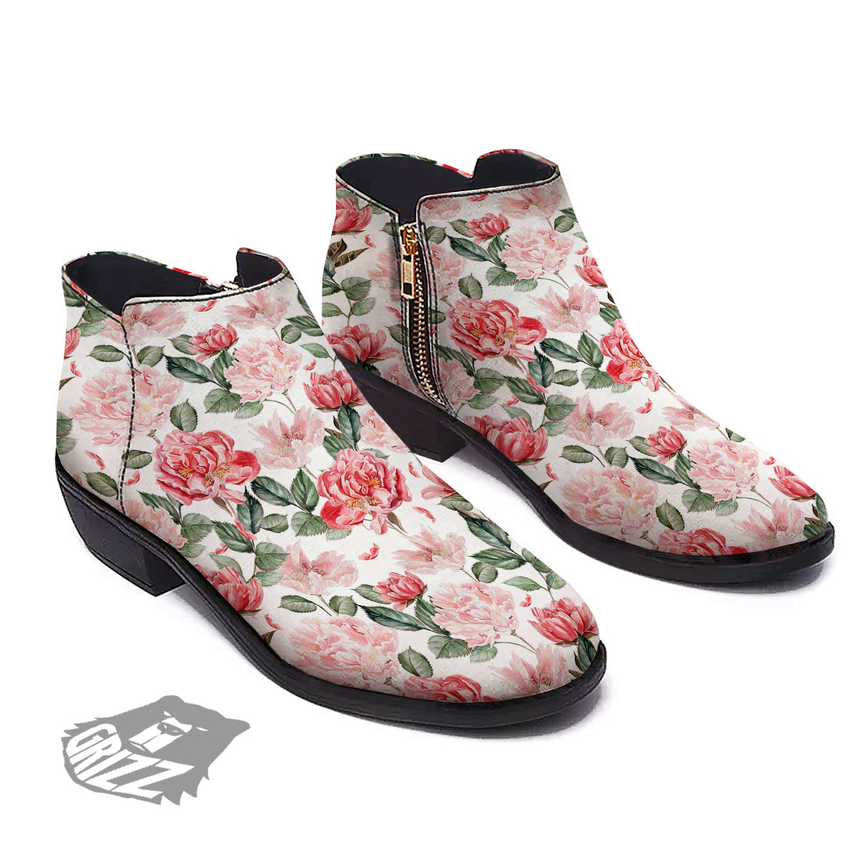 Peony Pink Print Pattern Ankle Boots-grizzshop
