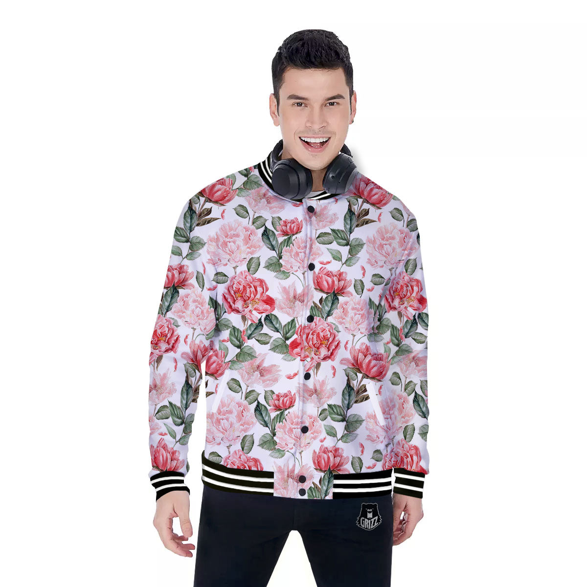 Peony Pink Print Pattern Baseball Jacket-grizzshop
