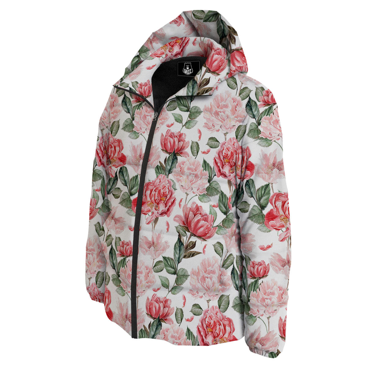 Peony Pink Print Pattern Down Jacket-grizzshop