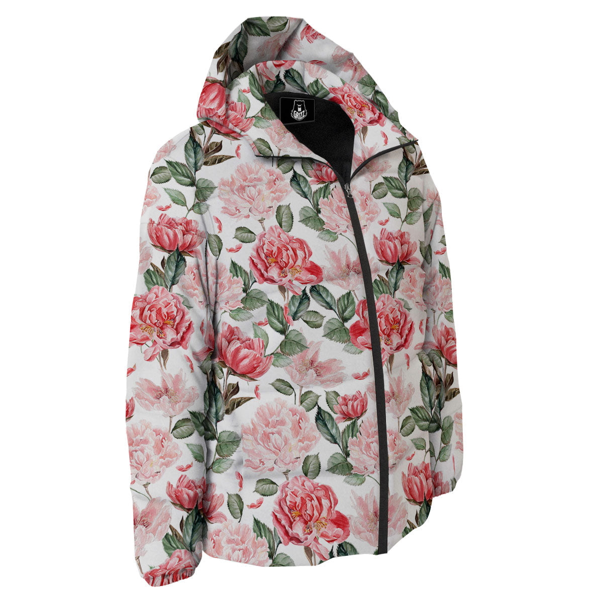 Peony Pink Print Pattern Down Jacket-grizzshop
