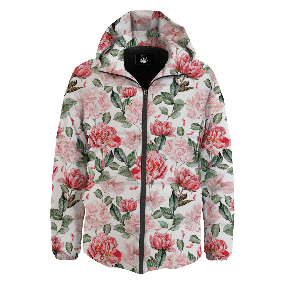 Peony Pink Print Pattern Down Jacket-grizzshop