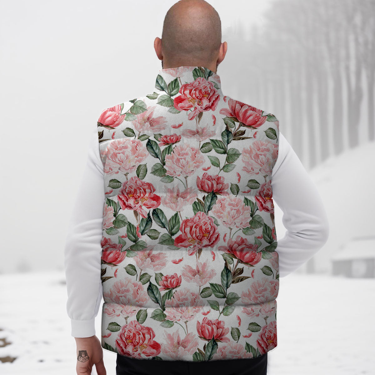 Peony Pink Print Pattern Down Vest-grizzshop