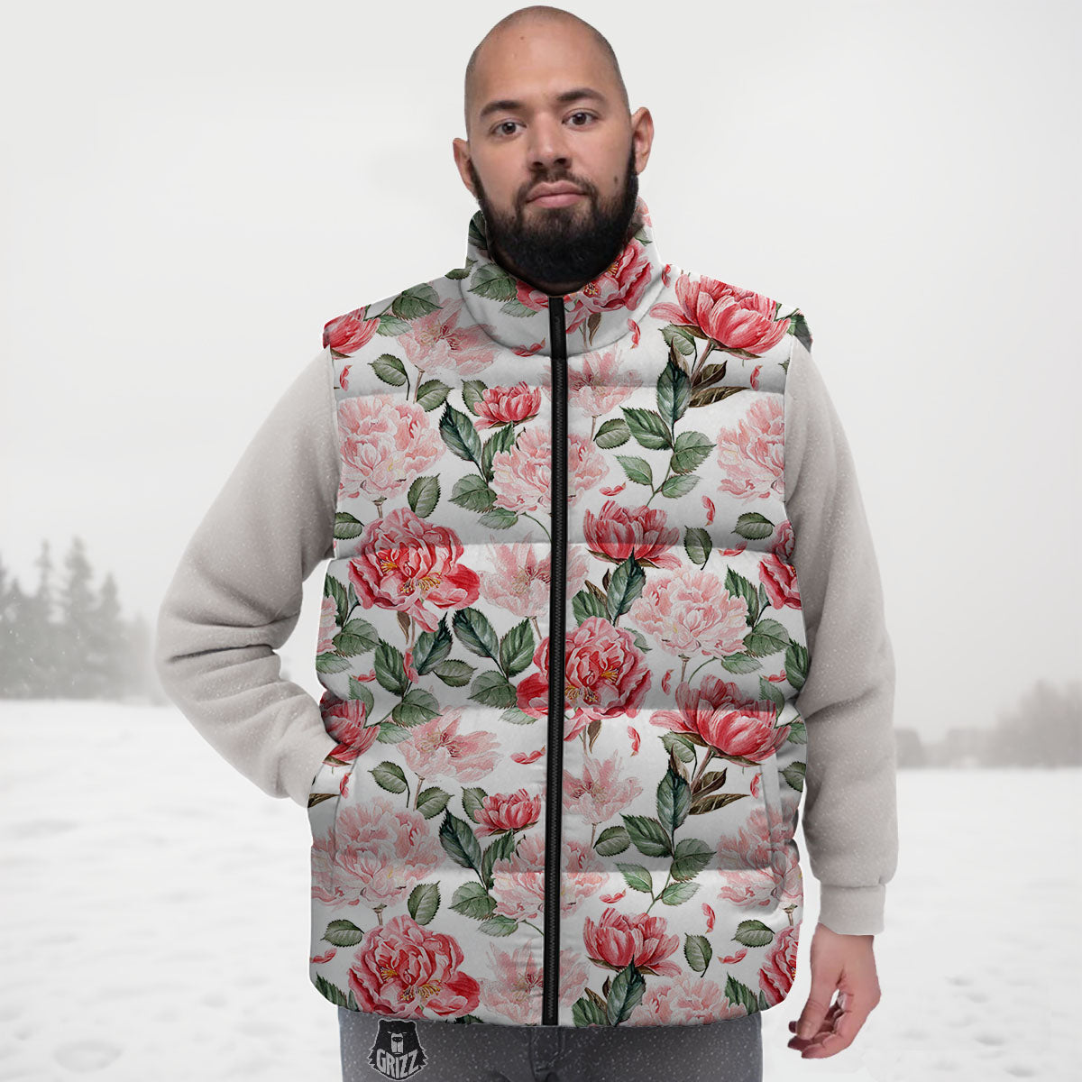 Peony Pink Print Pattern Down Vest-grizzshop