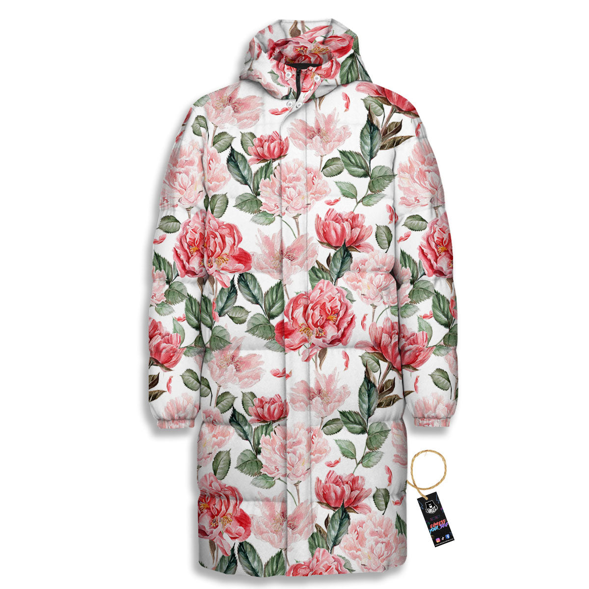 Peony Pink Print Pattern Long Down Jacket-grizzshop