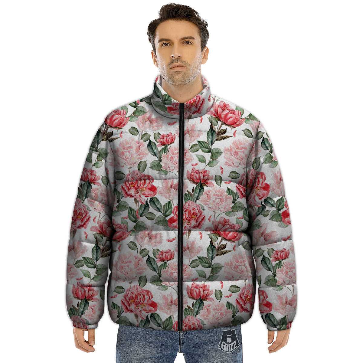 Peony Pink Print Pattern Puffer Jacket-grizzshop