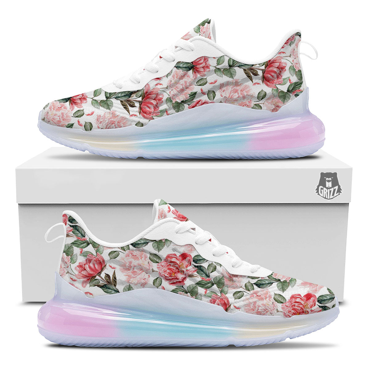 Peony Pink Print Pattern Running Sneakers-grizzshop