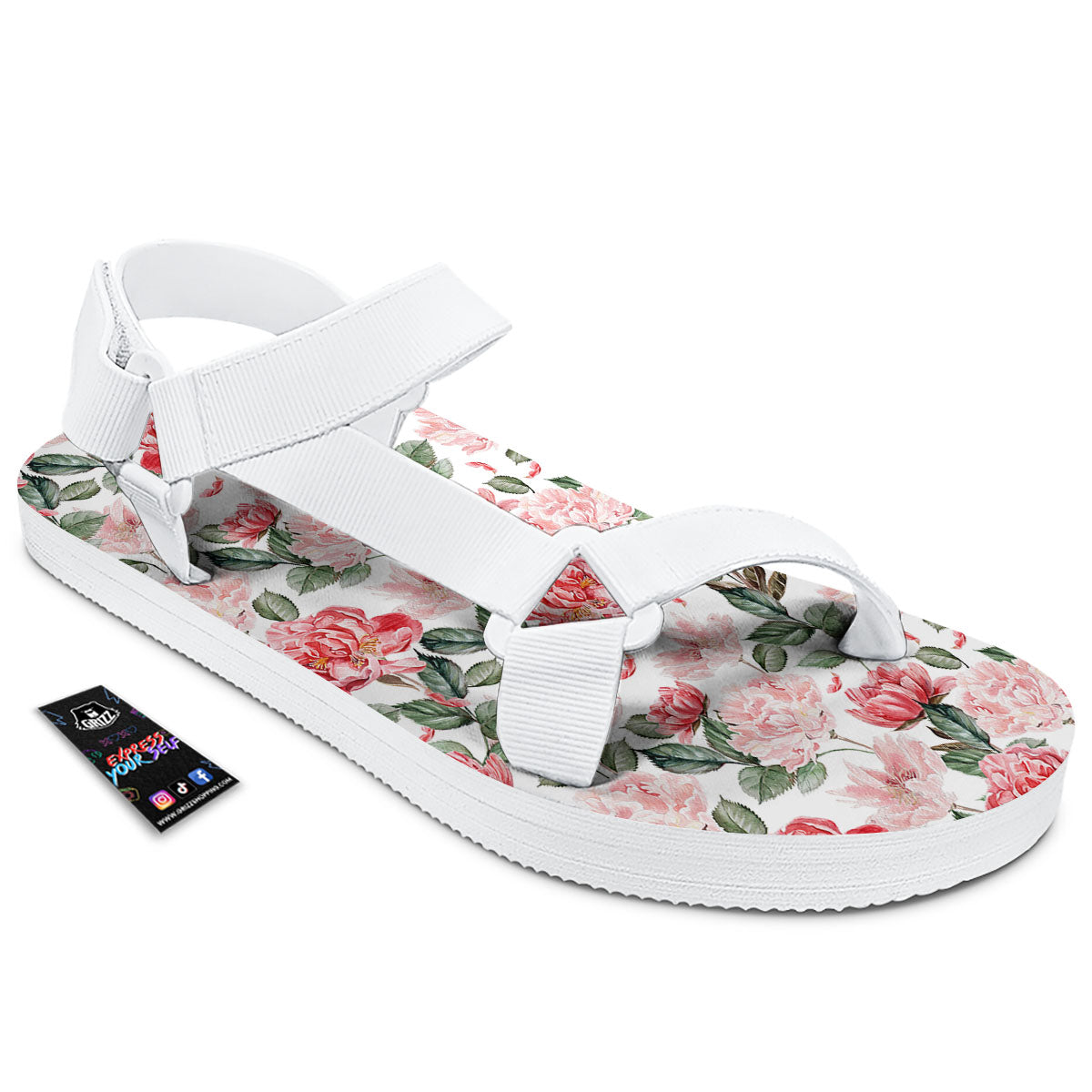 Peony Pink Print Pattern White Open Toe Sandals-grizzshop