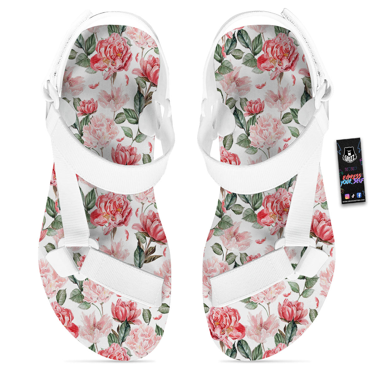 Peony Pink Print Pattern White Open Toe Sandals-grizzshop