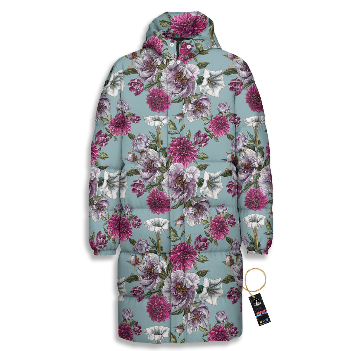 Peony Watercolor Print Pattern Long Down Jacket-grizzshop