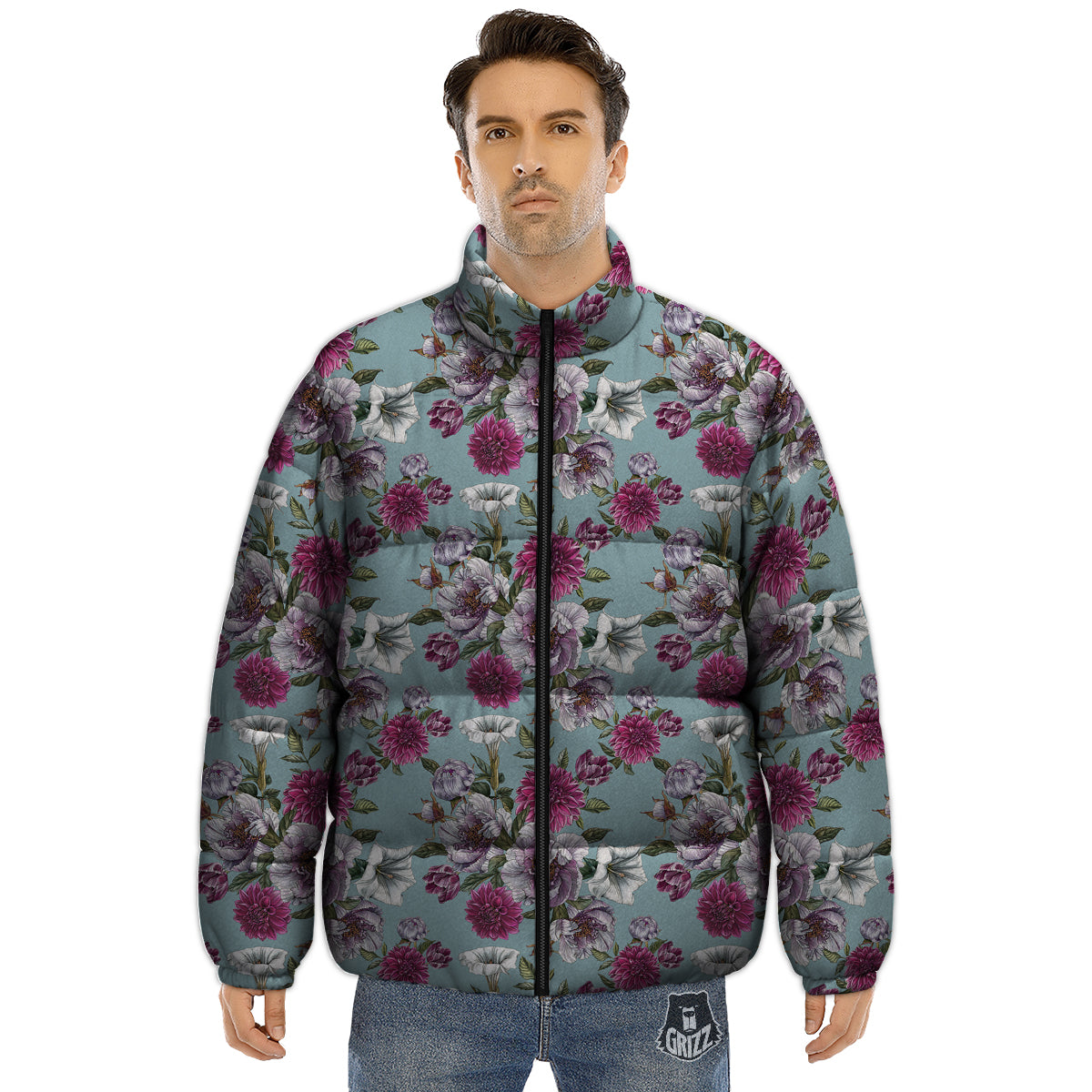 Peony Watercolor Print Pattern Puffer Jacket-grizzshop