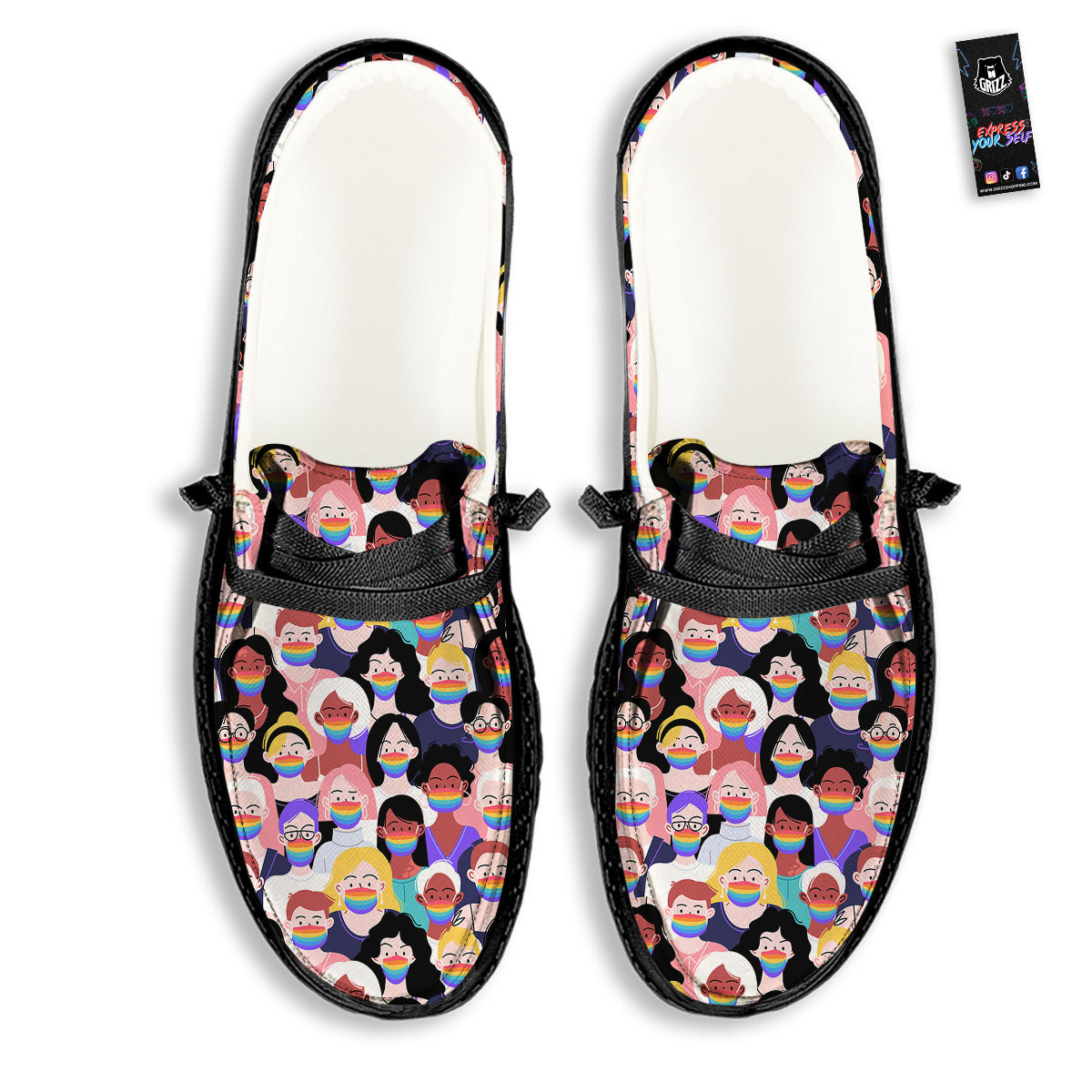 People And Rainbow Face Masks Print Pattern Black Loafers-grizzshop