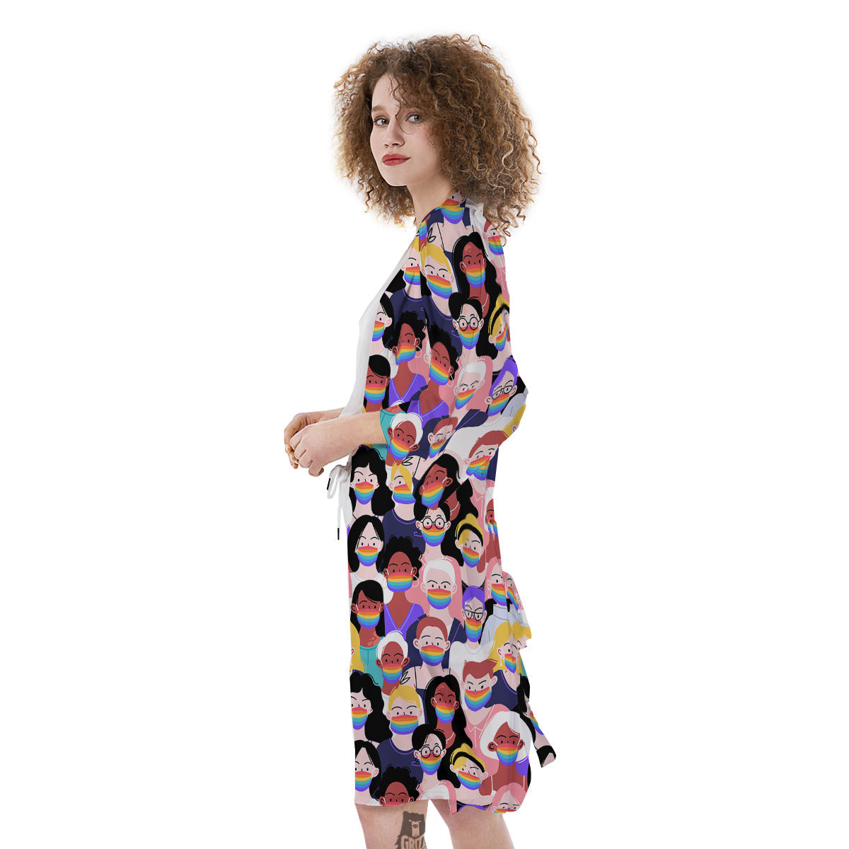 People And Rainbow Face Masks Print Pattern Kimono-grizzshop