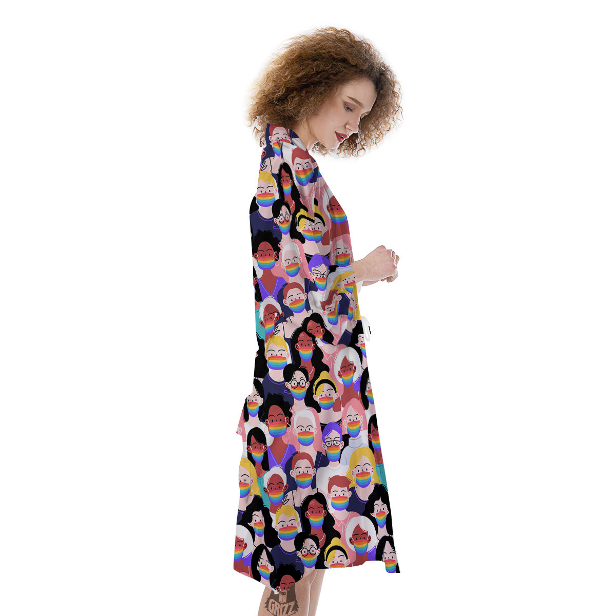 People And Rainbow Face Masks Print Pattern Kimono-grizzshop