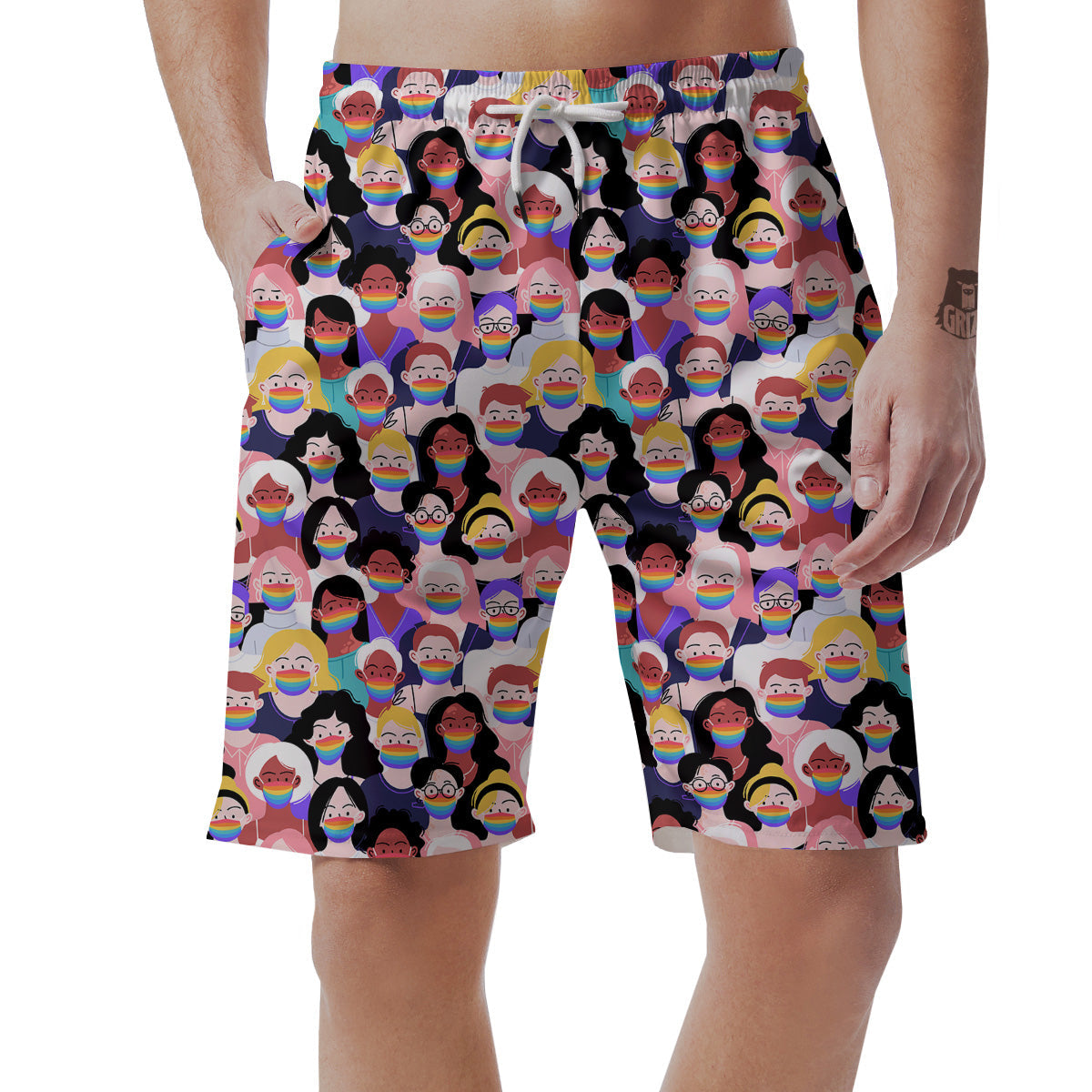 People And Rainbow Face Masks Print Pattern Men's Shorts-grizzshop