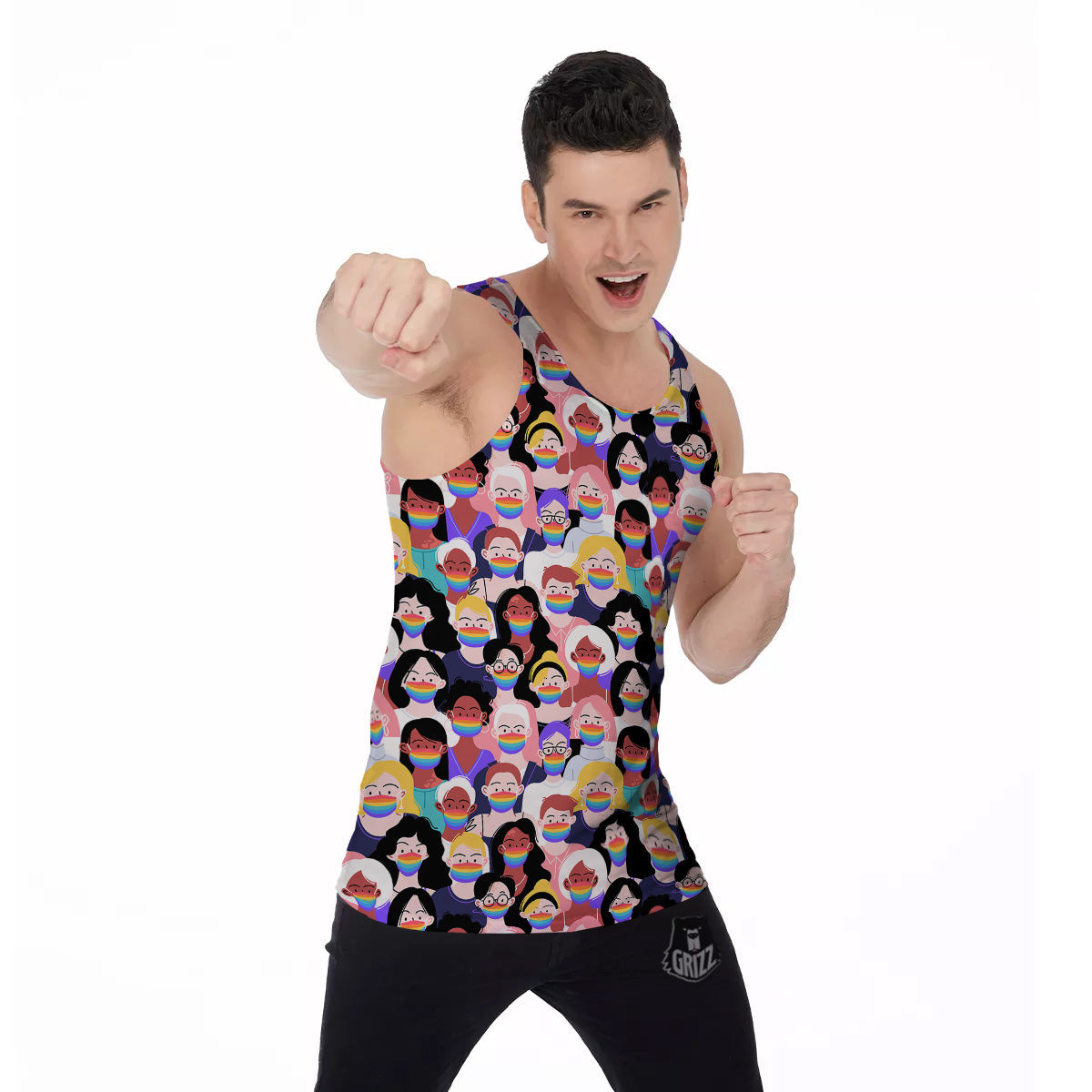People And Rainbow Face Masks Print Pattern Men's Tank Top-grizzshop