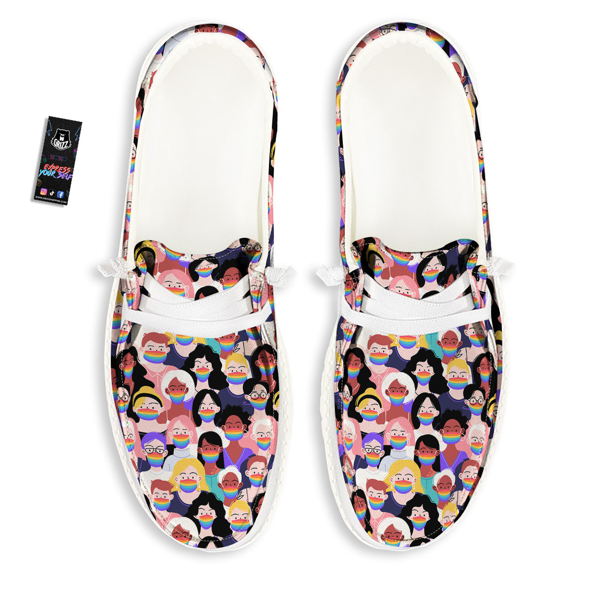 People And Rainbow Face Masks Print Pattern White Loafers-grizzshop