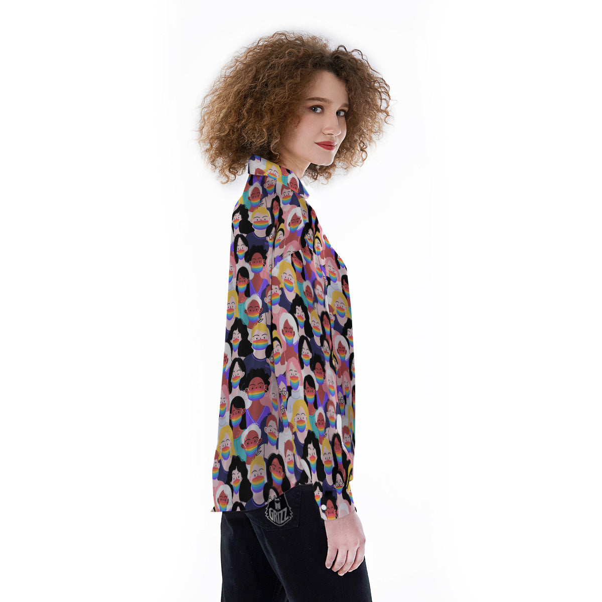 People And Rainbow Face Masks Print Pattern Women's Long Sleeve Shirts-grizzshop