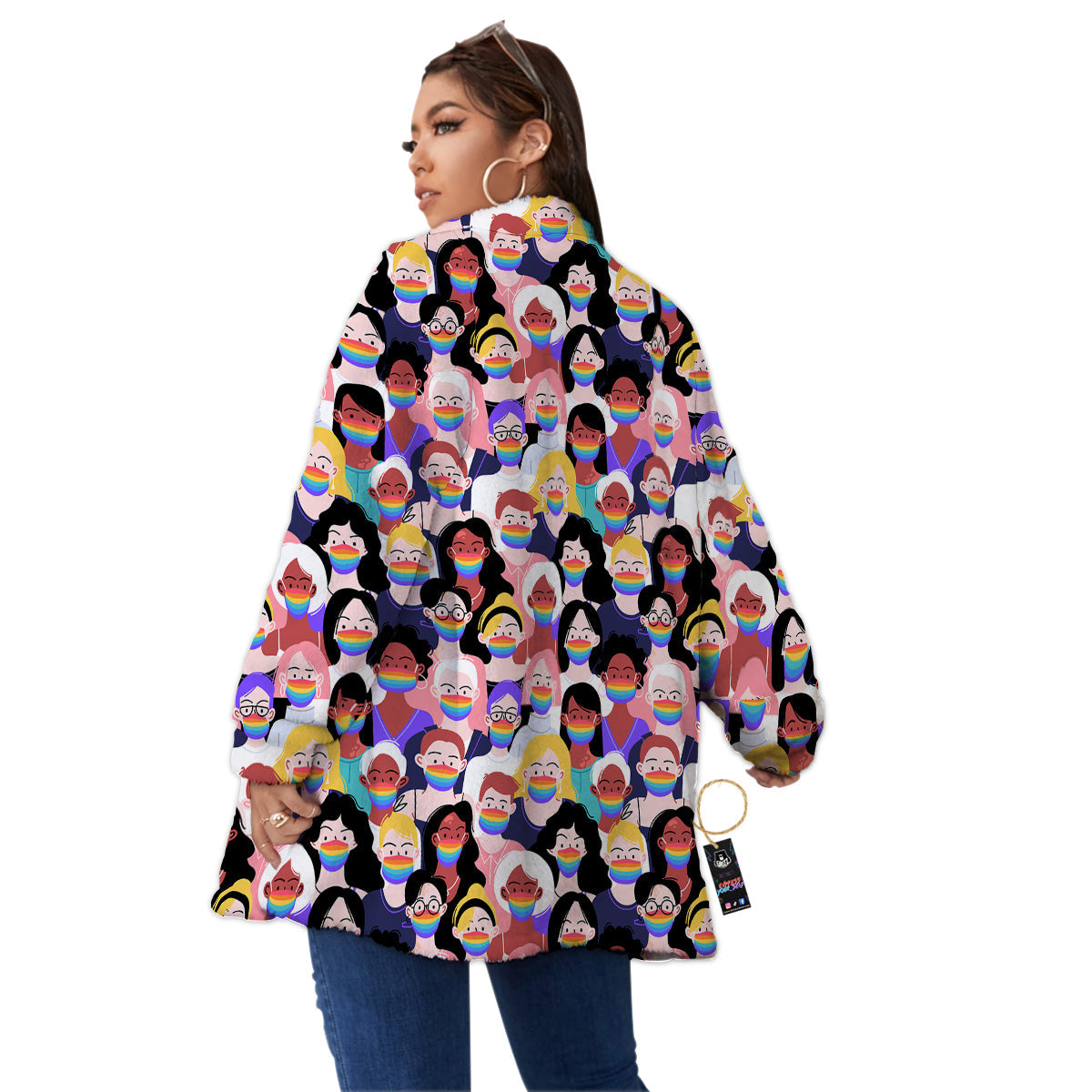 People And Rainbow Face Masks Print Pattern Women's Sherpa Jacket-grizzshop