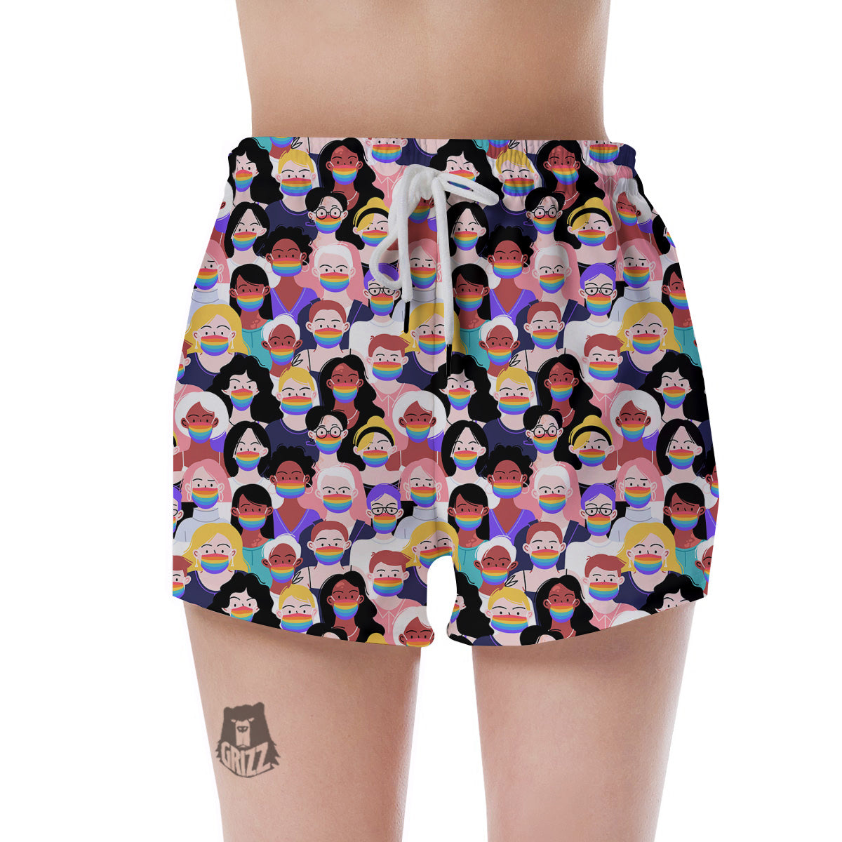 People And Rainbow Face Masks Print Pattern Women's Shorts-grizzshop