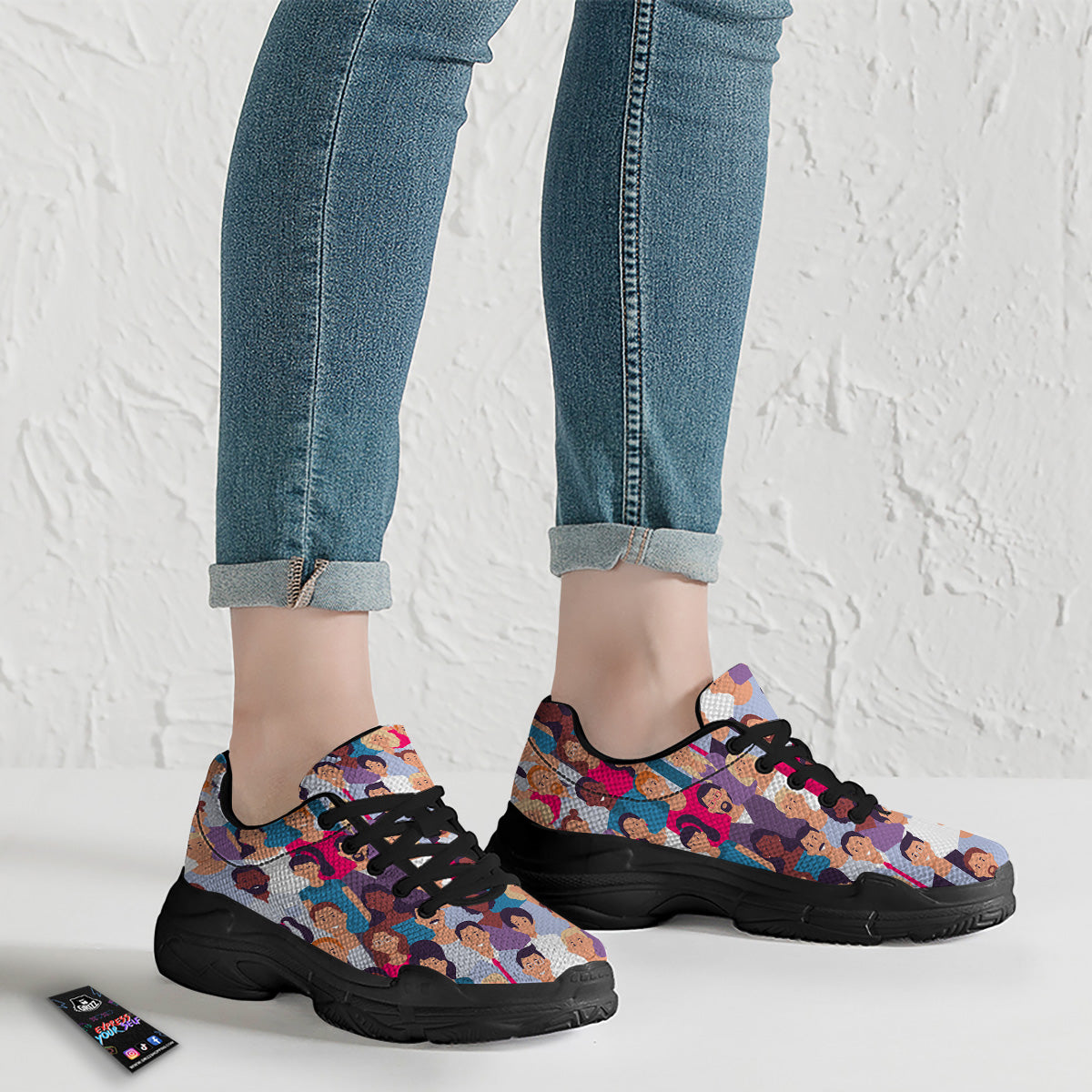 People Smile Colorful Print Pattern Black Chunky Shoes-grizzshop