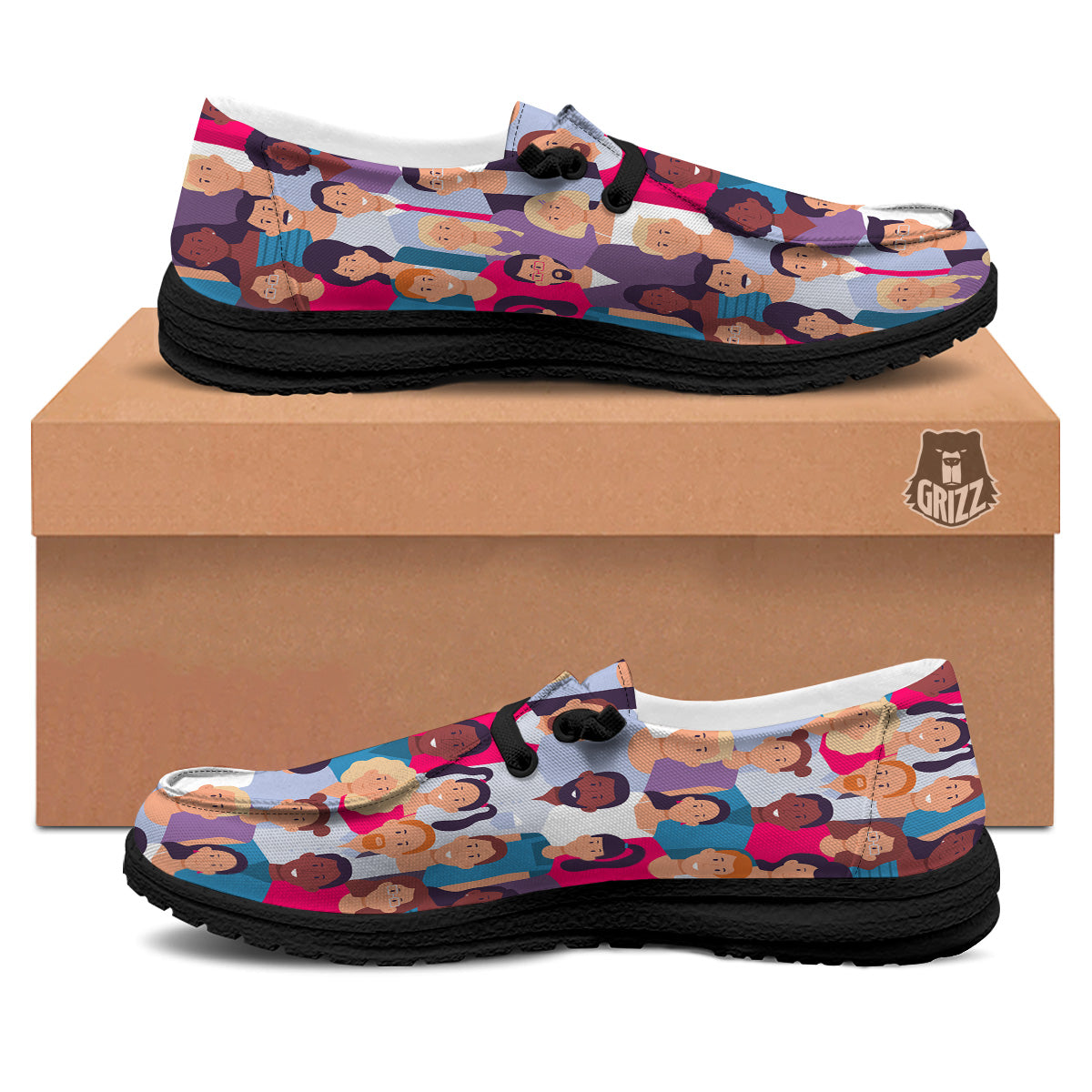 People Smile Colorful Print Pattern Black Loafers-grizzshop