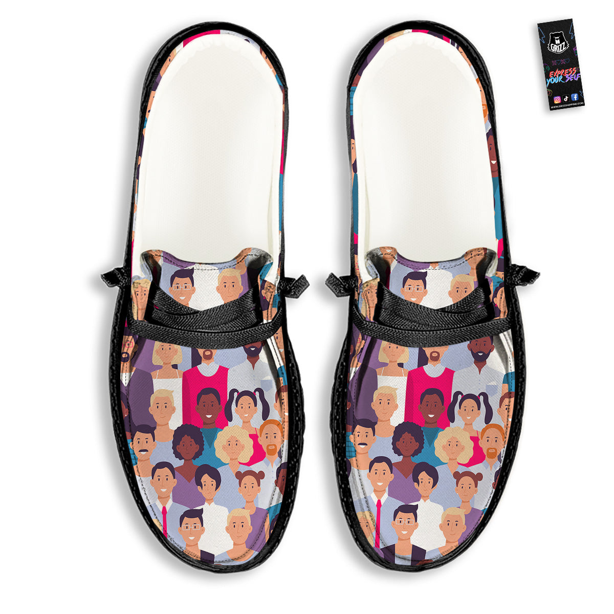 People Smile Colorful Print Pattern Black Loafers-grizzshop