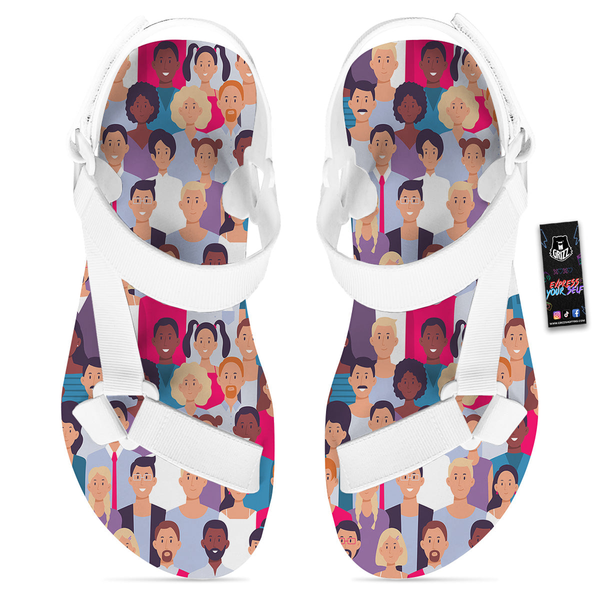 People Smile Colorful Print Pattern White Open Toe Sandals-grizzshop