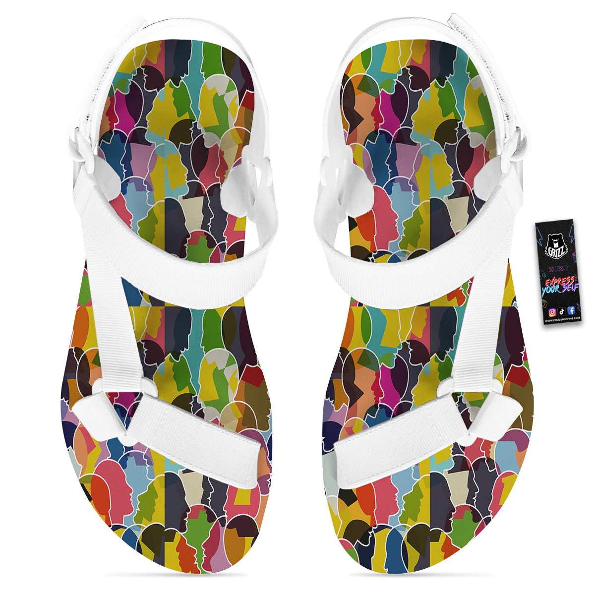 People Talking Colorful Print Pattern White Open Toe Sandals-grizzshop