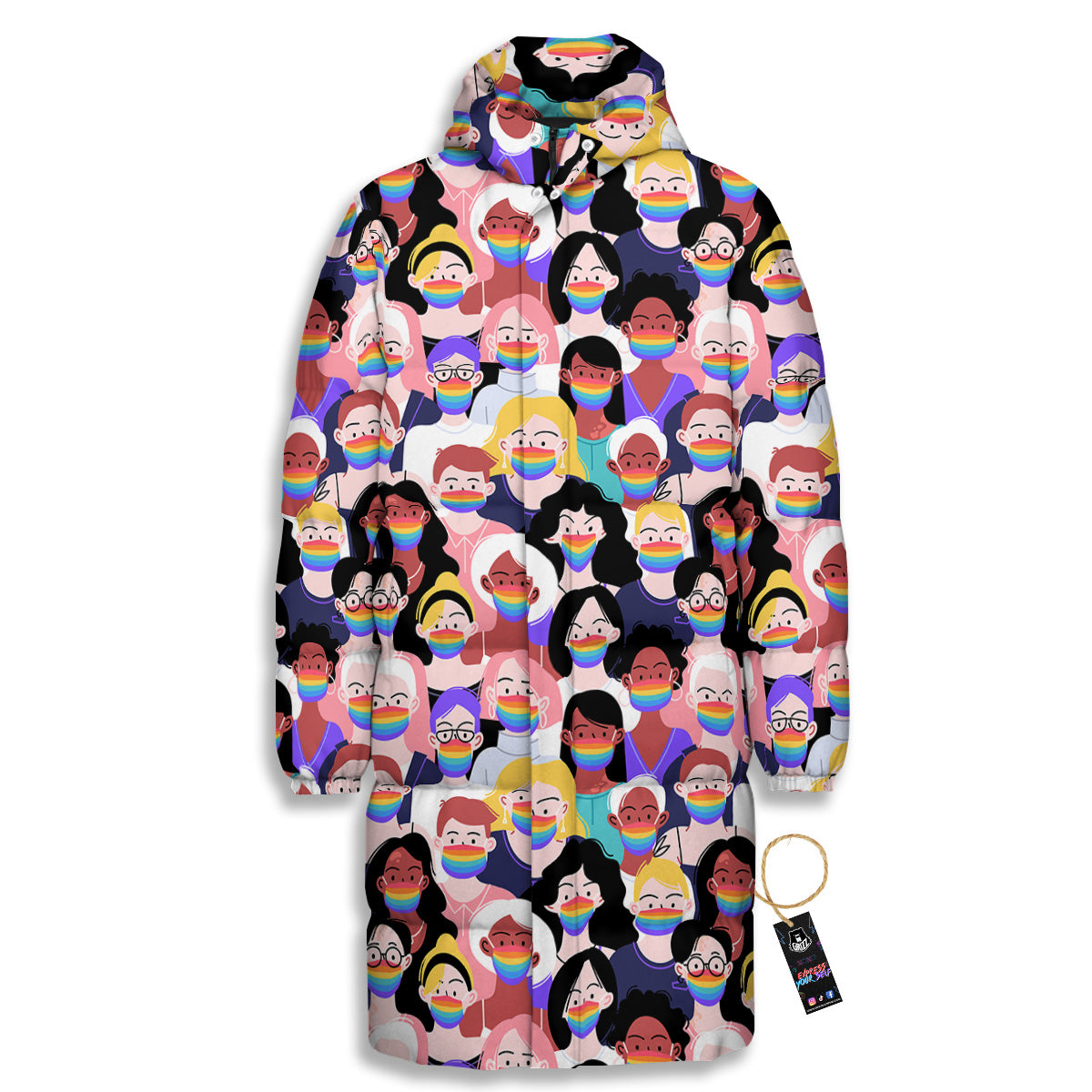 People And Rainbow Face Masks Print Pattern Long Down Jacket