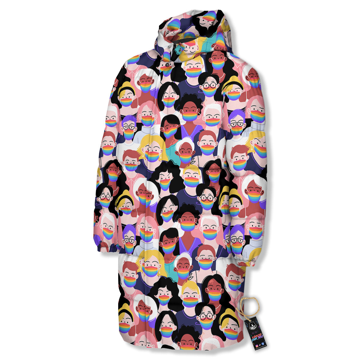 People And Rainbow Face Masks Print Pattern Long Down Jacket