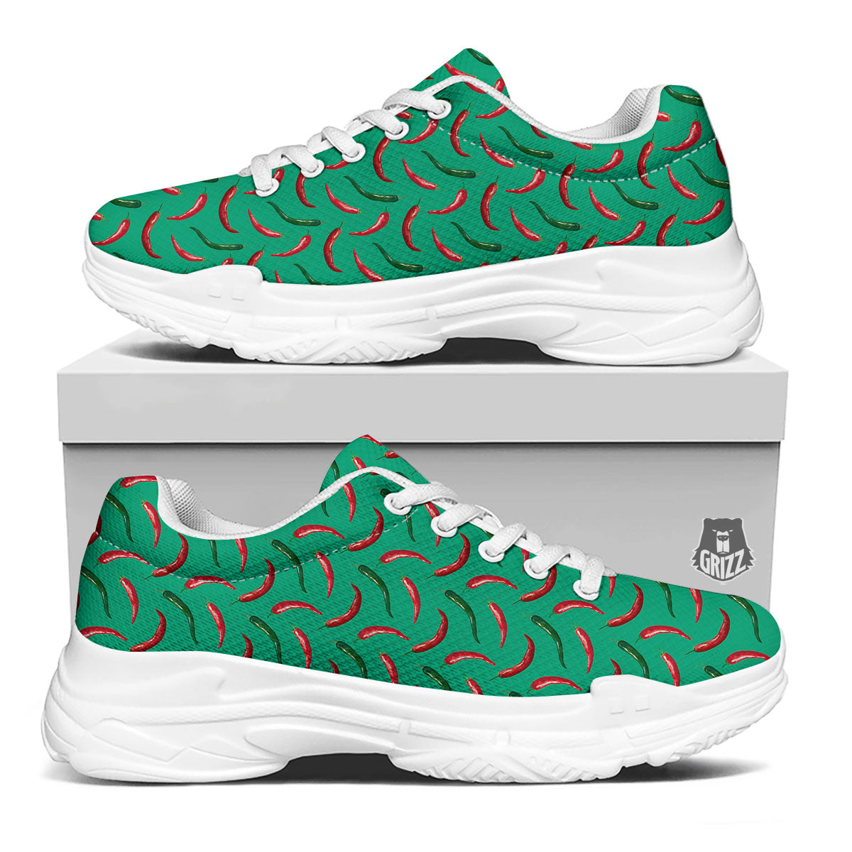 Peppers Chili Green Print Pattern White Chunky Shoes-grizzshop
