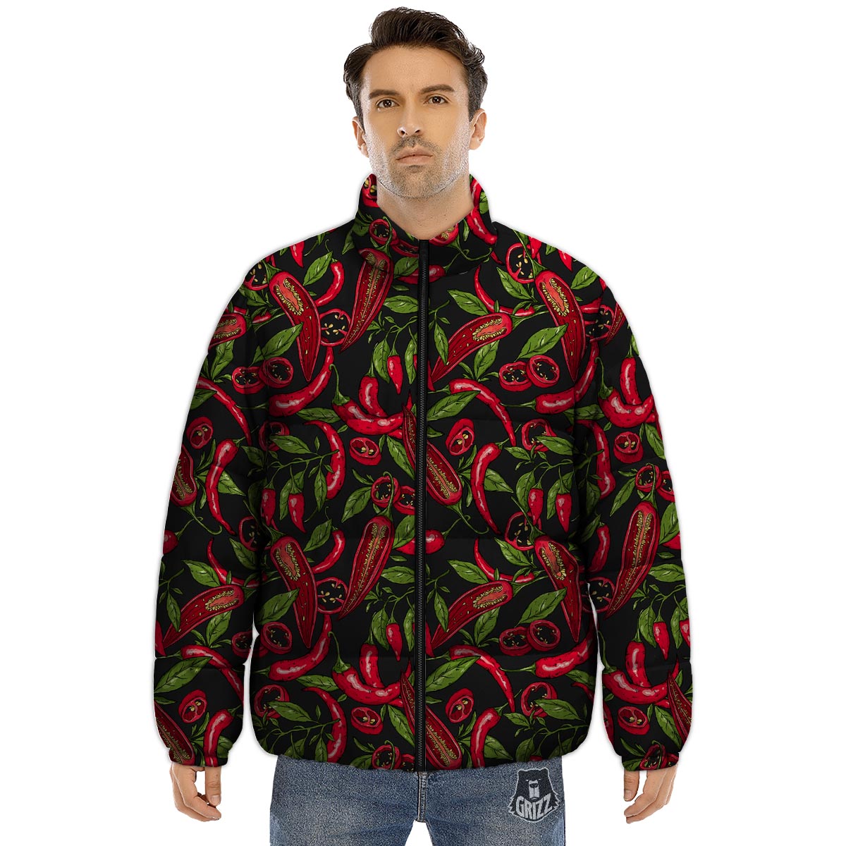Peppers Red Chili Print Pattern Puffer Jacket-grizzshop