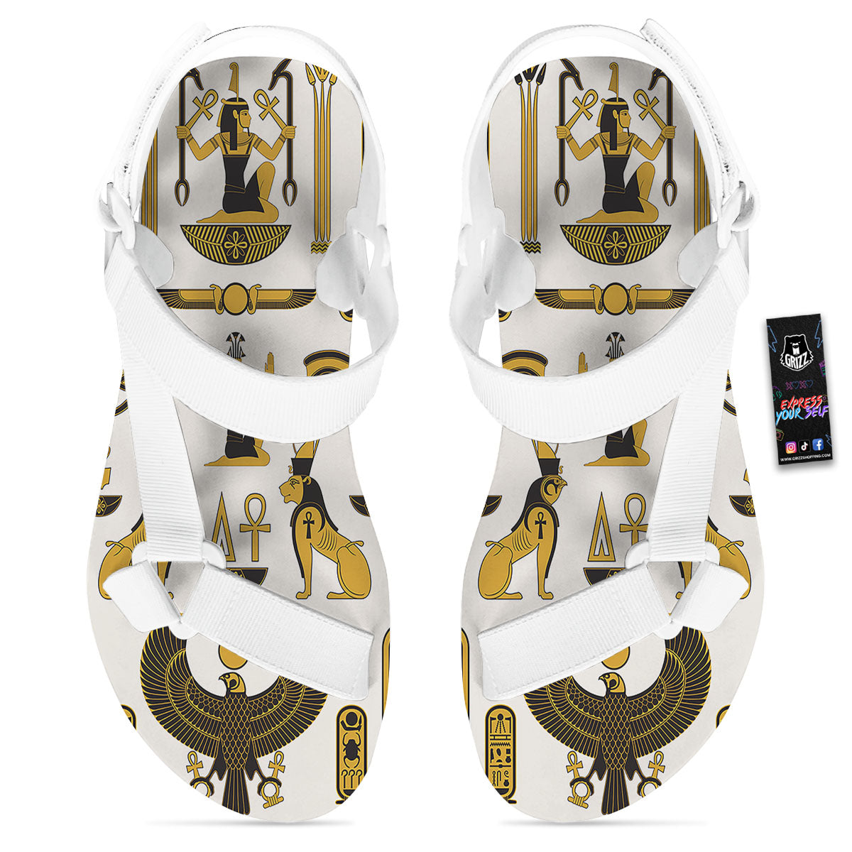 Pharaohs And Gods Egyptian Print White Open Toe Sandals-grizzshop