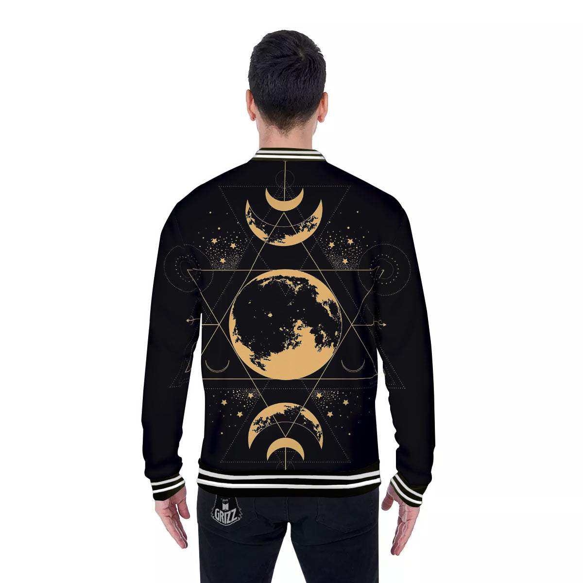 Phase Geometric Moon Print Baseball Jacket-grizzshop