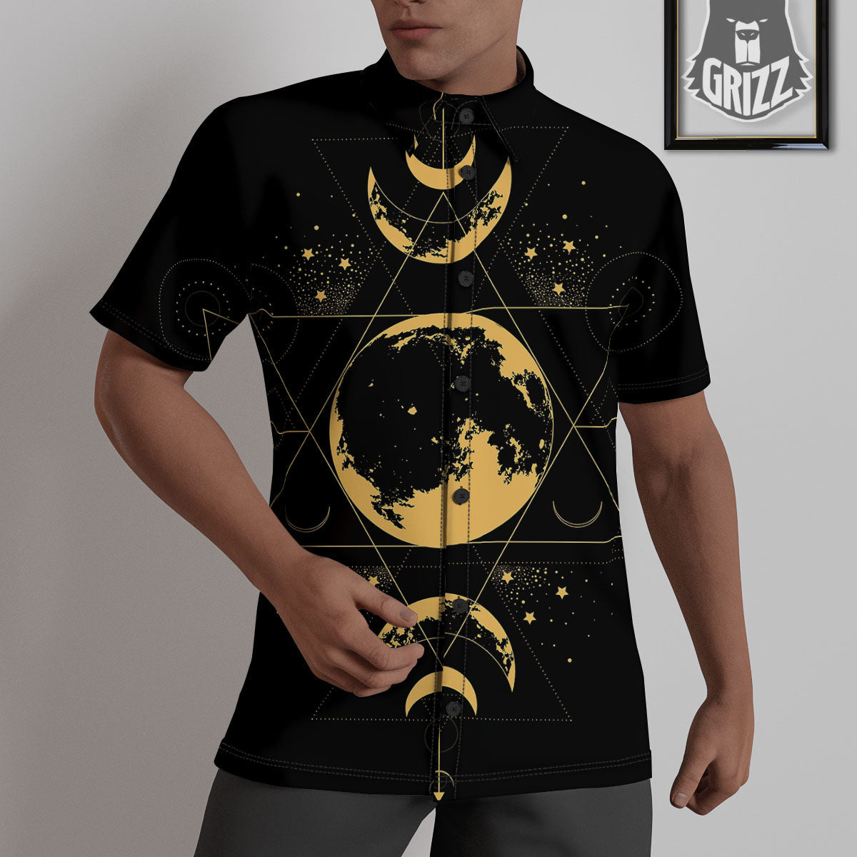 Phase Geometric Moon Print Untucked Shirts-grizzshop