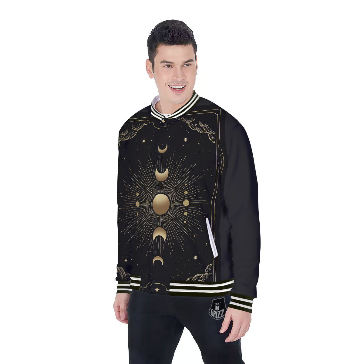 Phases And Eclipse Print Baseball Jacket-grizzshop