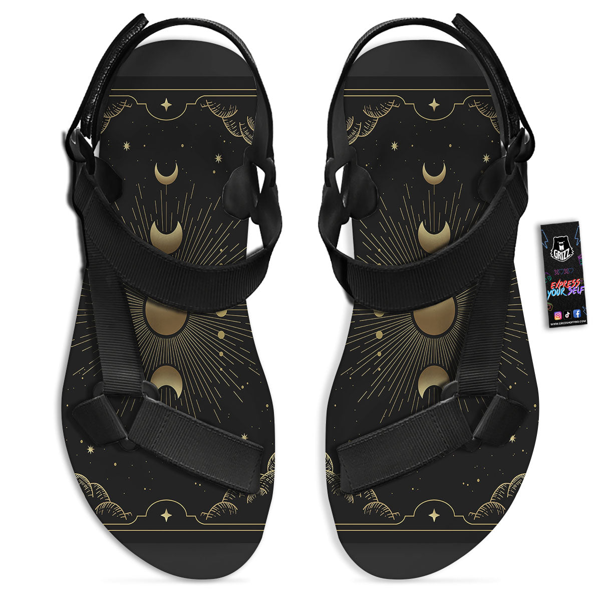 Phases And Eclipse Print Black Open Toe Sandals-grizzshop