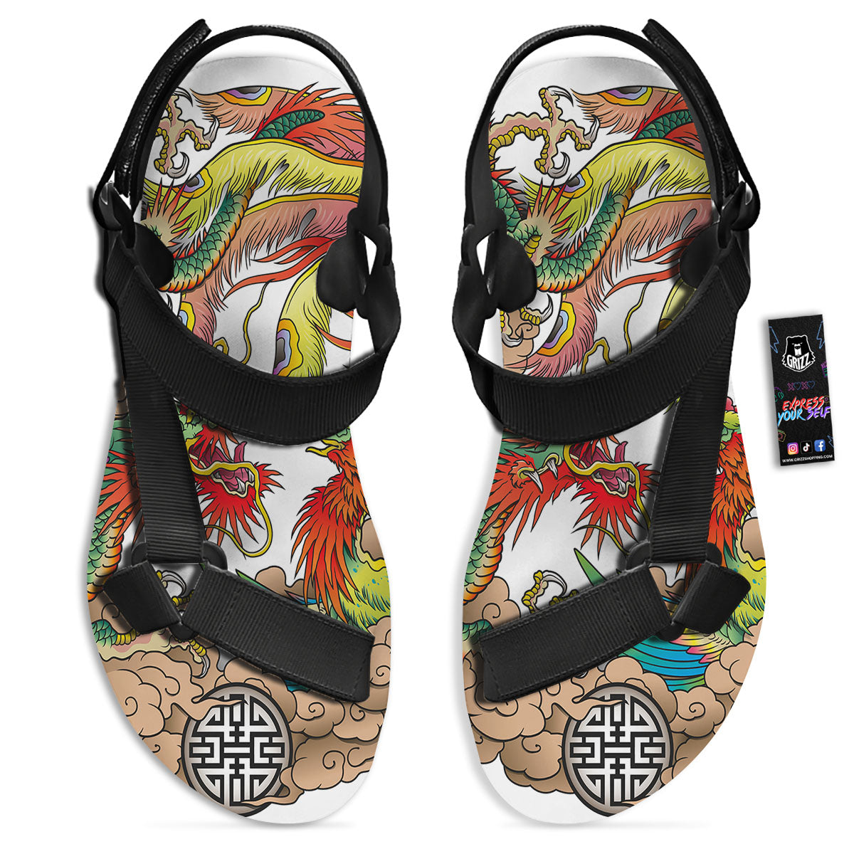 Phoenix And Dragon Japanese Tattoo Print Black Open Toe Sandals-grizzshop