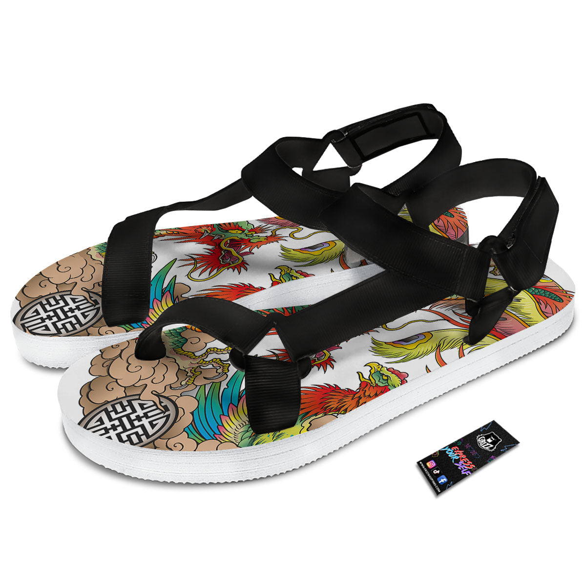 Phoenix And Dragon Japanese Tattoo Print Black Open Toe Sandals-grizzshop