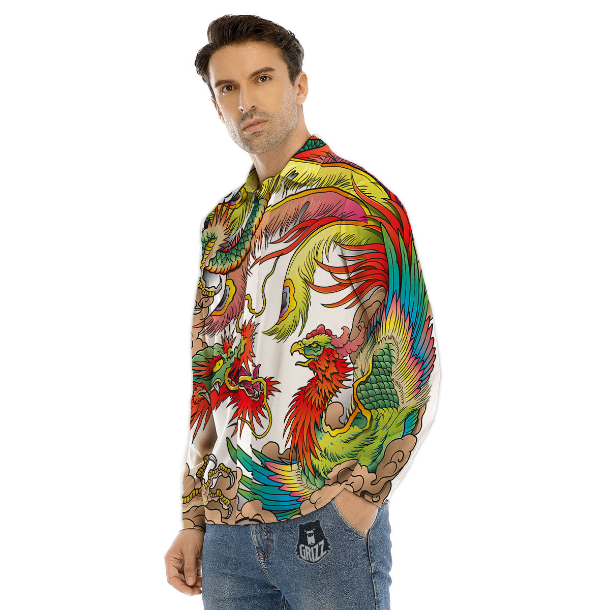 Phoenix And Dragon Japanese Tattoo Print Men's Dress Shirts-grizzshop