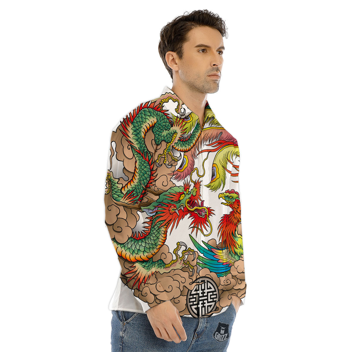 Phoenix And Dragon Japanese Tattoo Print Men's Dress Shirts-grizzshop