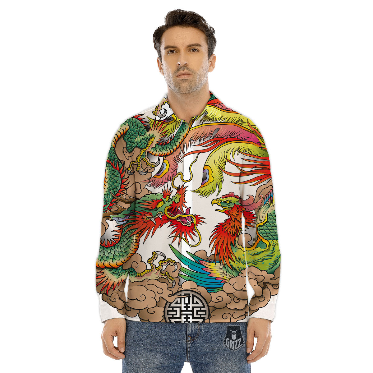 Phoenix And Dragon Japanese Tattoo Print Men's Dress Shirts-grizzshop