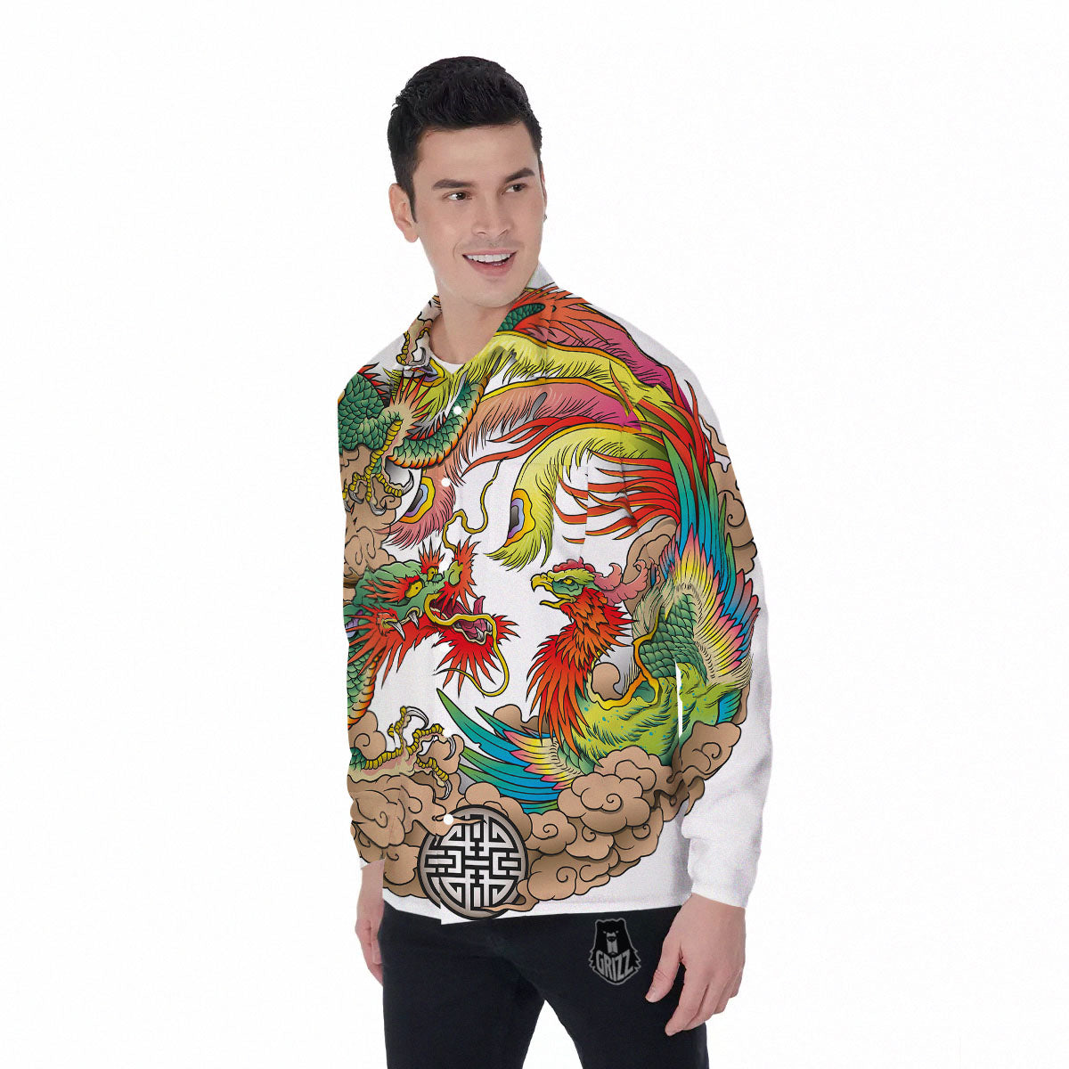 Phoenix And Dragon Japanese Tattoo Print Men's Long Sleeve Shirts-grizzshop