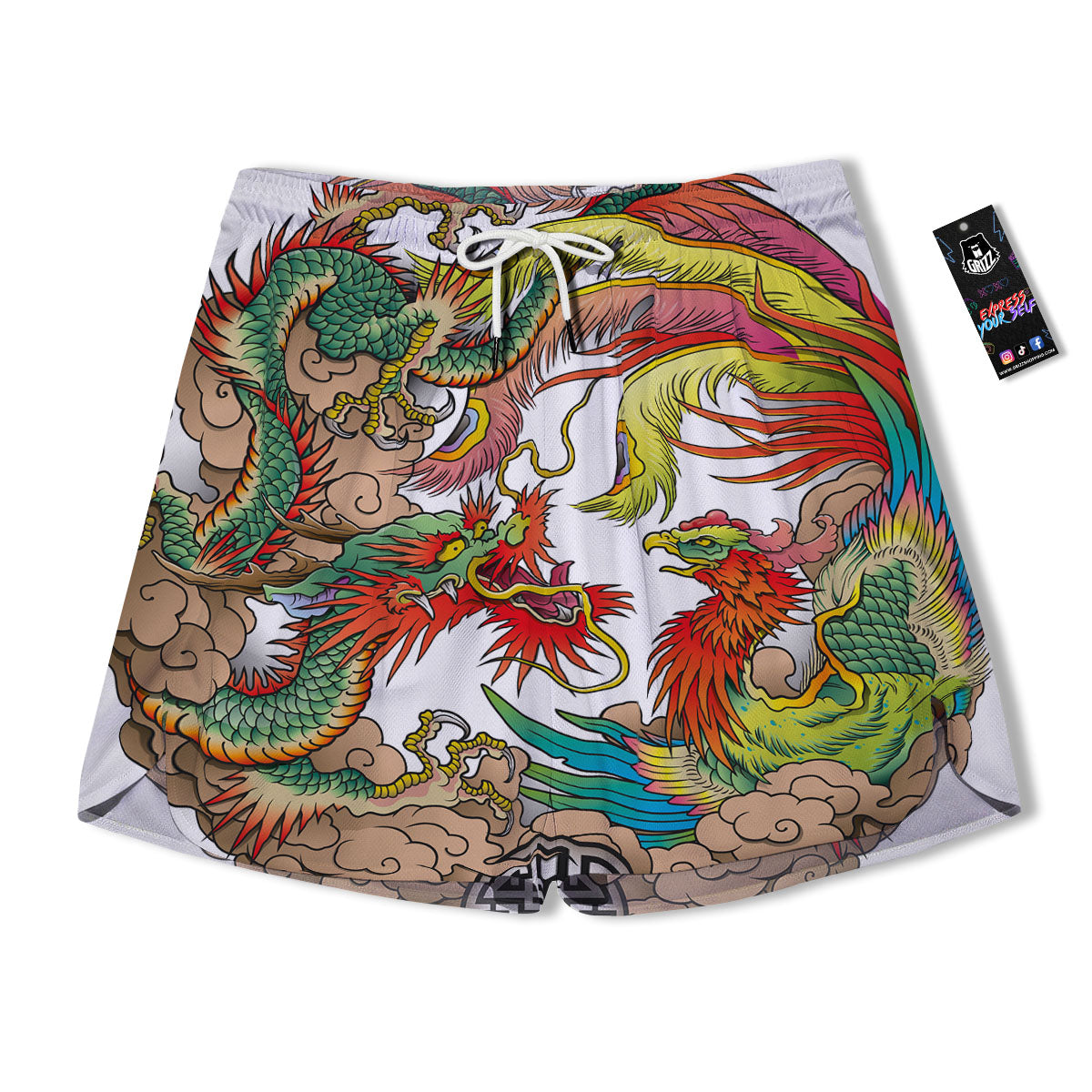 Phoenix And Dragon Japanese Tattoo Print Men's Running Shorts-grizzshop